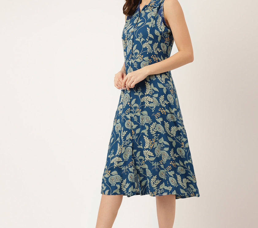 Divena Blue Floral Printed Rayon A-Line Midi Dress with Attached Sleeves for Women