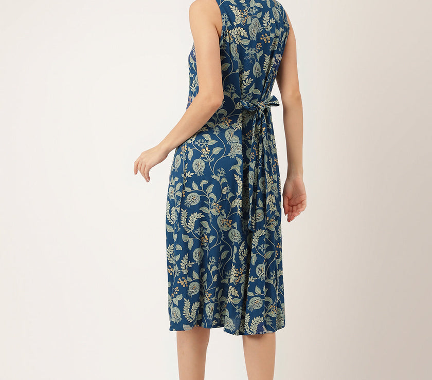 Divena Blue Floral Printed Rayon A-Line Midi Dress with Attached Sleeves for Women