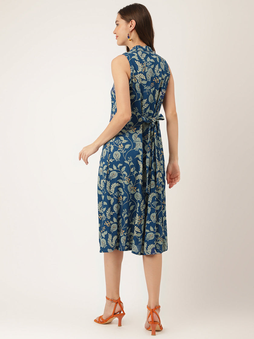 Divena Blue Floral Printed Rayon A-Line Midi Dress with Attached Sleeves for Women