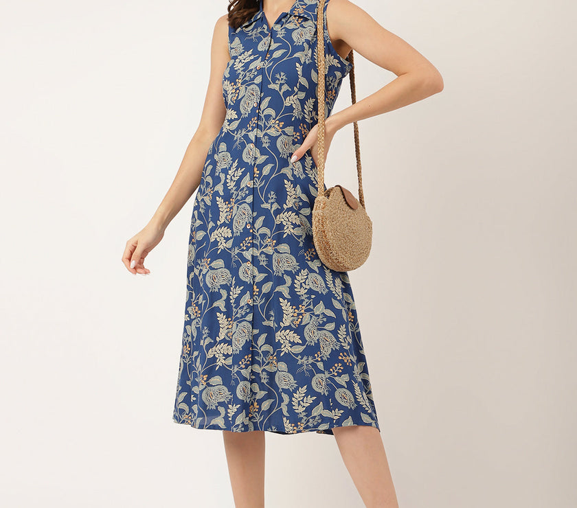 Divena Blue Floral Printed Rayon A-Line Midi Dress with Attached Sleeves for Women