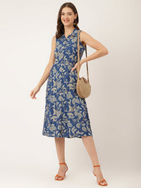 Divena Blue Floral Printed Rayon A-Line Midi Dress with Attached Sleeves for Women