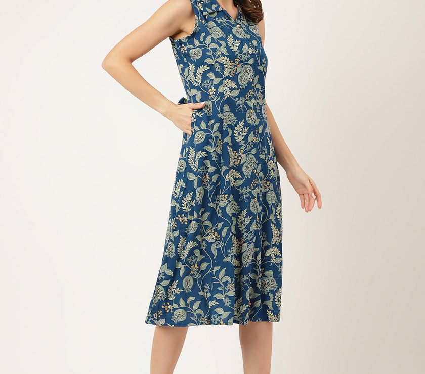 Divena Blue Floral Printed Rayon A-Line Midi Dress with Attached Sleeves for Women