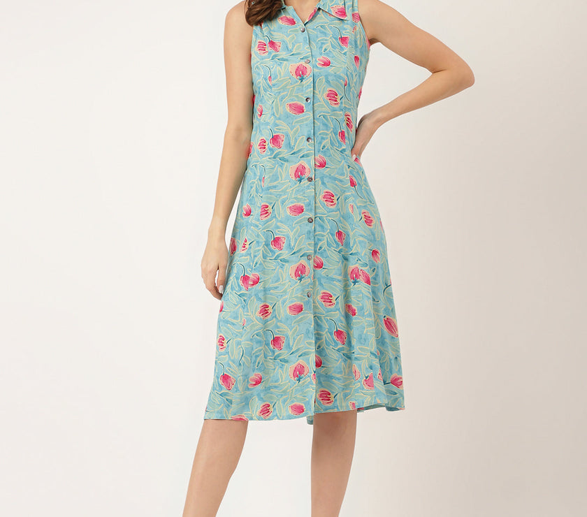 Divena Blue Floral Print Rayon A-Line Midi Dress with Attached Sleeves for Women