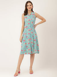 Divena Blue Floral Print Rayon A-Line Midi Dress with Attached Sleeves for Women