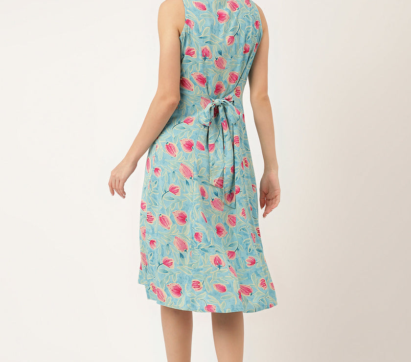 Divena Blue Floral Print Rayon A-Line Midi Dress with Attached Sleeves for Women