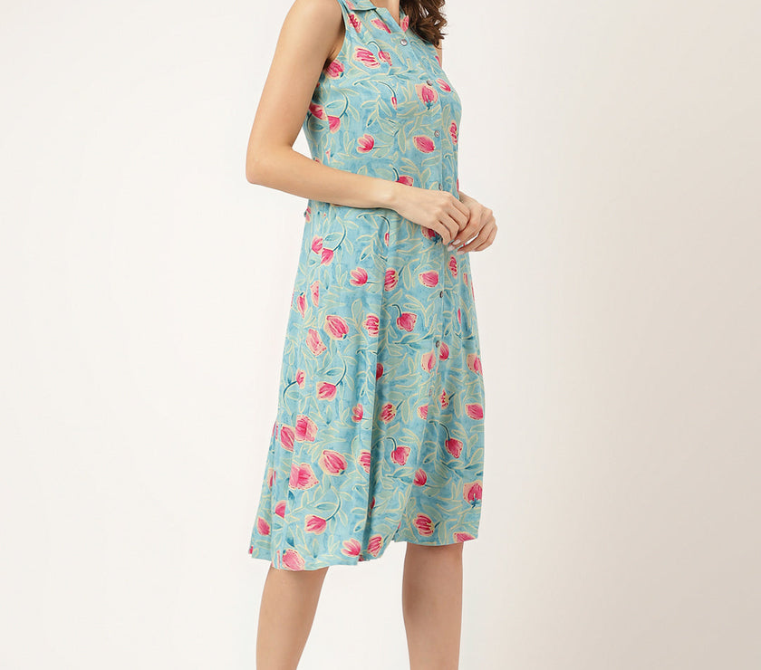 Divena Blue Floral Print Rayon A-Line Midi Dress with Attached Sleeves for Women