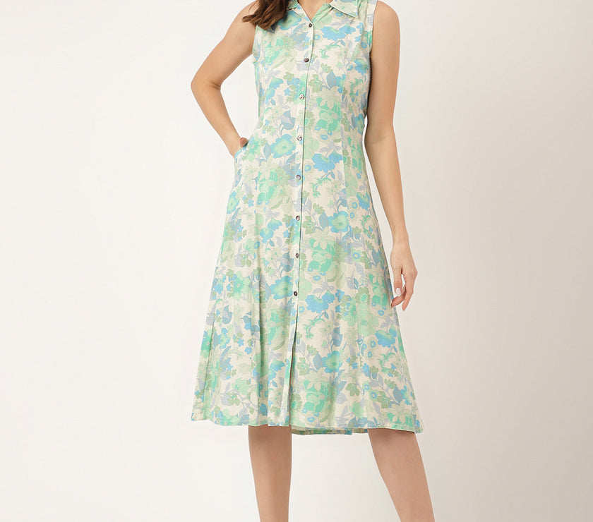 Divena Green Floral Print Rayon A-Line Midi Dress with Attached Sleeves for Women