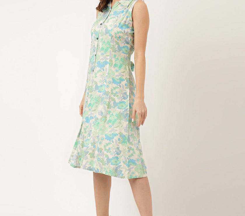 Divena Green Floral Print Rayon A-Line Midi Dress with Attached Sleeves for Women