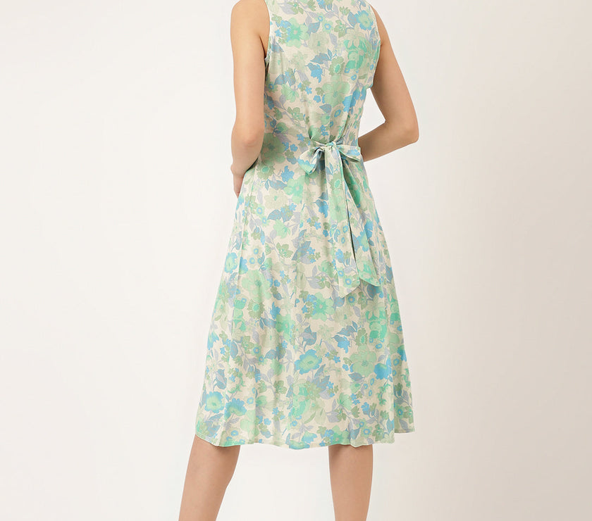 Divena Green Floral Print Rayon A-Line Midi Dress with Attached Sleeves for Women