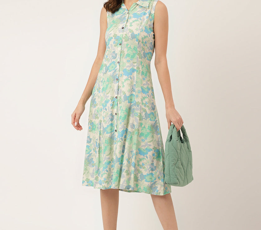 Divena Green Floral Print Rayon A-Line Midi Dress with Attached Sleeves for Women