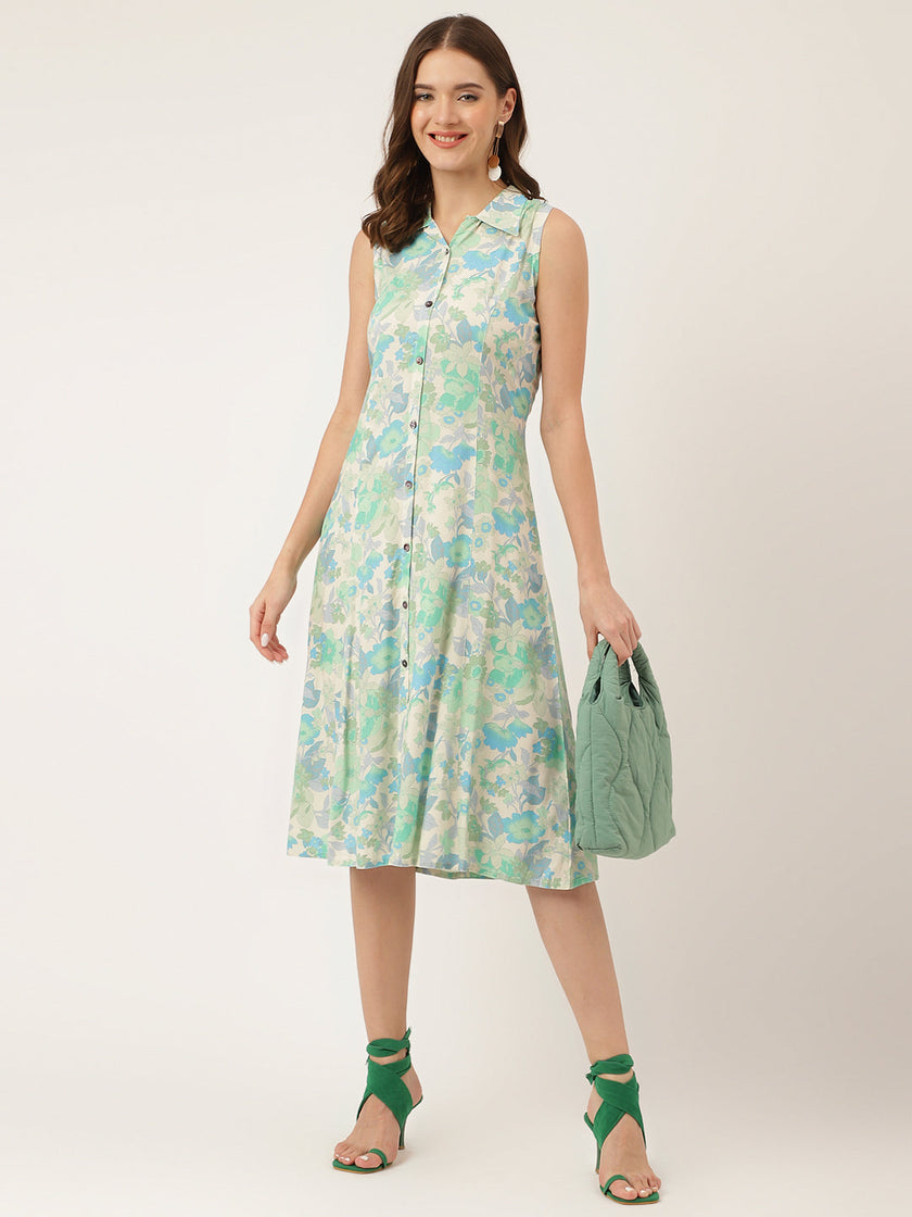 Divena Green Floral Print Rayon A-Line Midi Dress with Attached Sleeves for Women