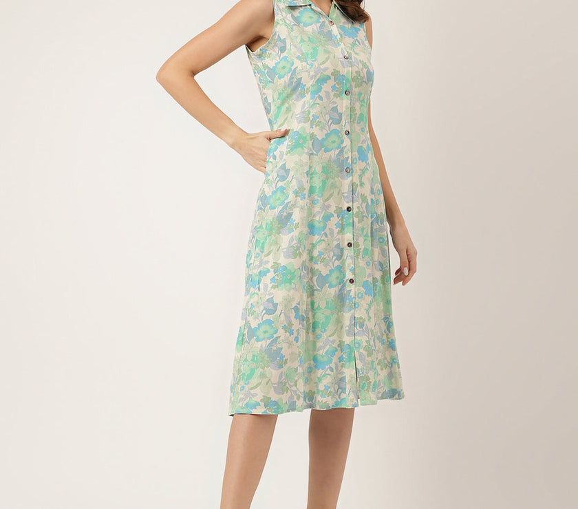 Divena Green Floral Print Rayon A-Line Midi Dress with Attached Sleeves for Women