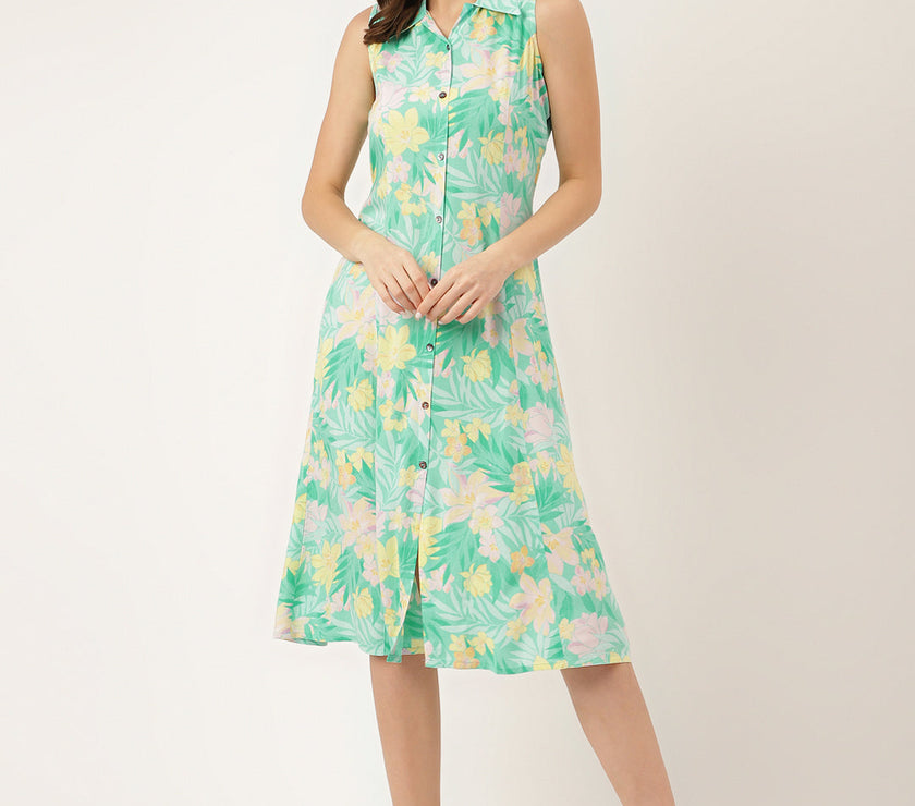 Divena Green Floral Printed Rayon A-Line Midi Dress with Attached Sleeves for Women