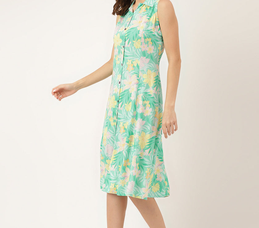 Divena Green Floral Printed Rayon A-Line Midi Dress with Attached Sleeves for Women