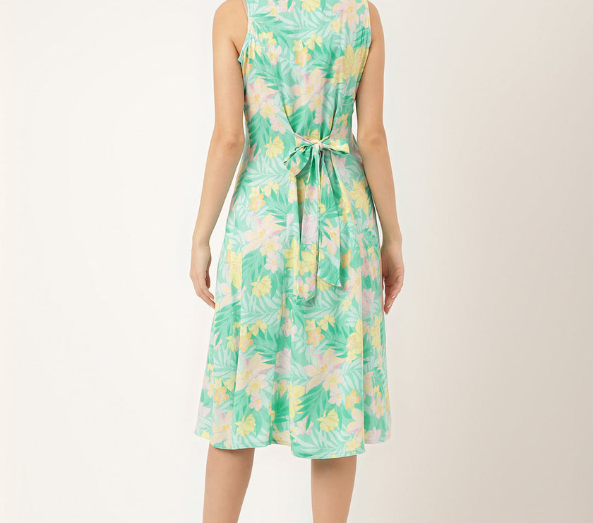 Divena Green Floral Printed Rayon A-Line Midi Dress with Attached Sleeves for Women