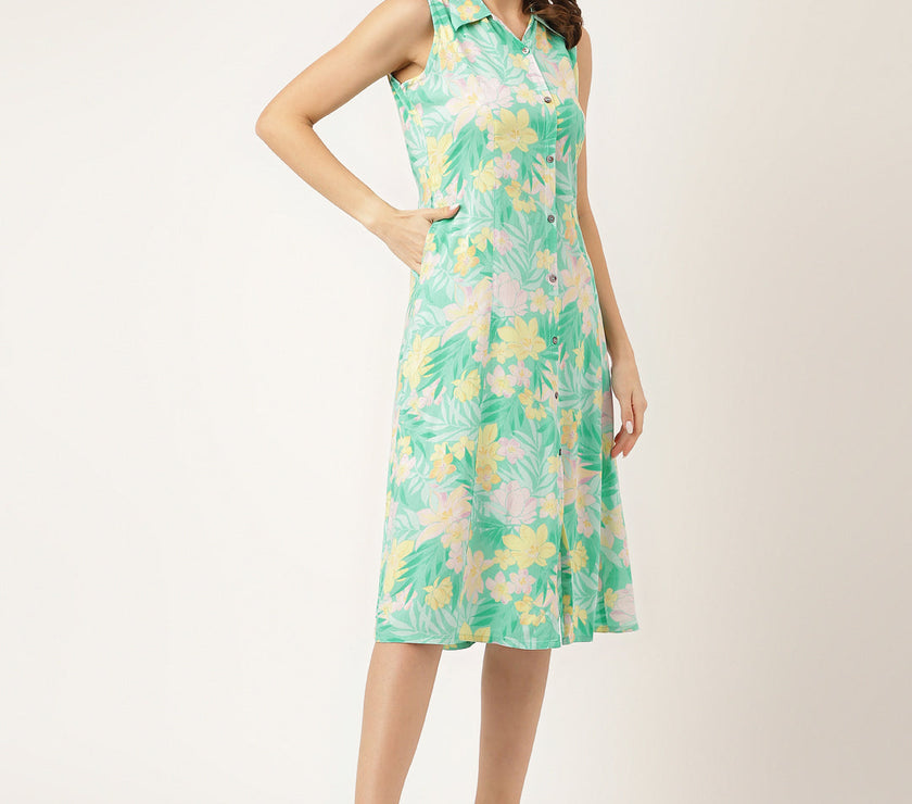 Divena Green Floral Printed Rayon A-Line Midi Dress with Attached Sleeves for Women