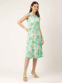 Divena Green Floral Printed Rayon A-Line Midi Dress with Attached Sleeves for Women