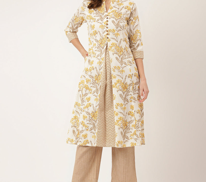 Divena Yellow Floral Print Cotton A-Line kurta