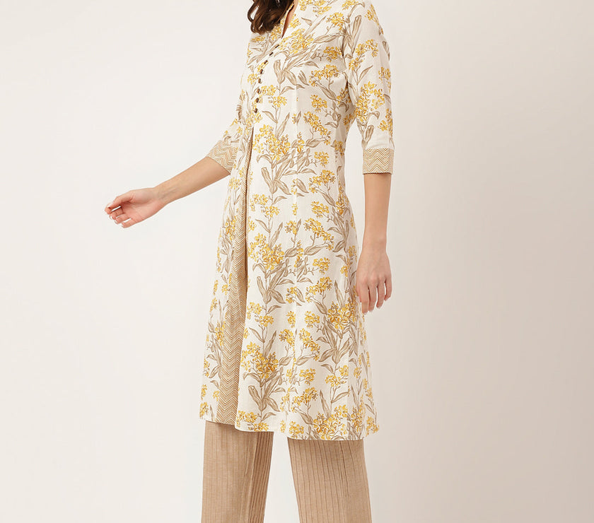 Divena Yellow Floral Print Cotton A-Line kurta