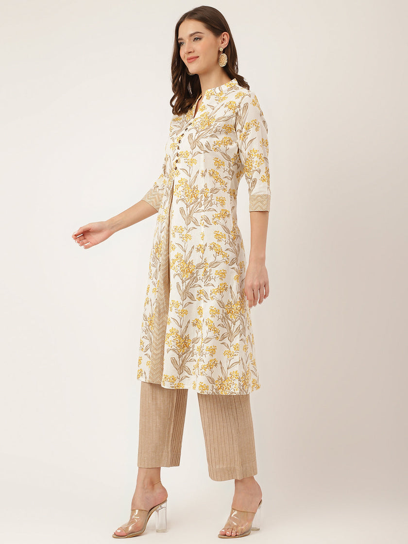 Divena Yellow Floral Print Cotton A-Line kurta