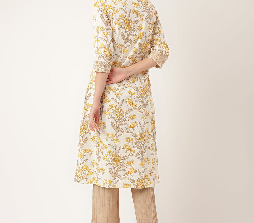 Divena Yellow Floral Print Cotton A-Line kurta