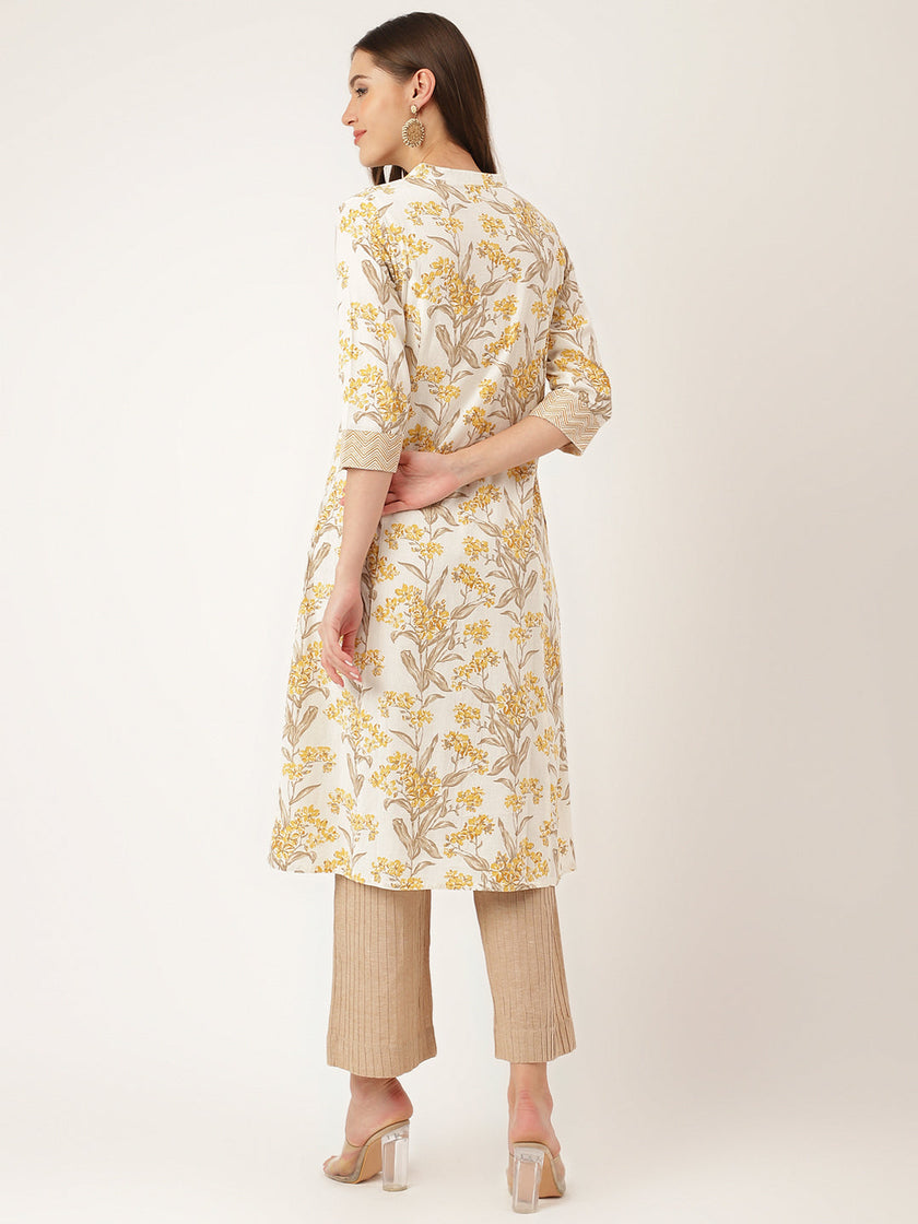 Divena Yellow Floral Print Cotton A-Line kurta