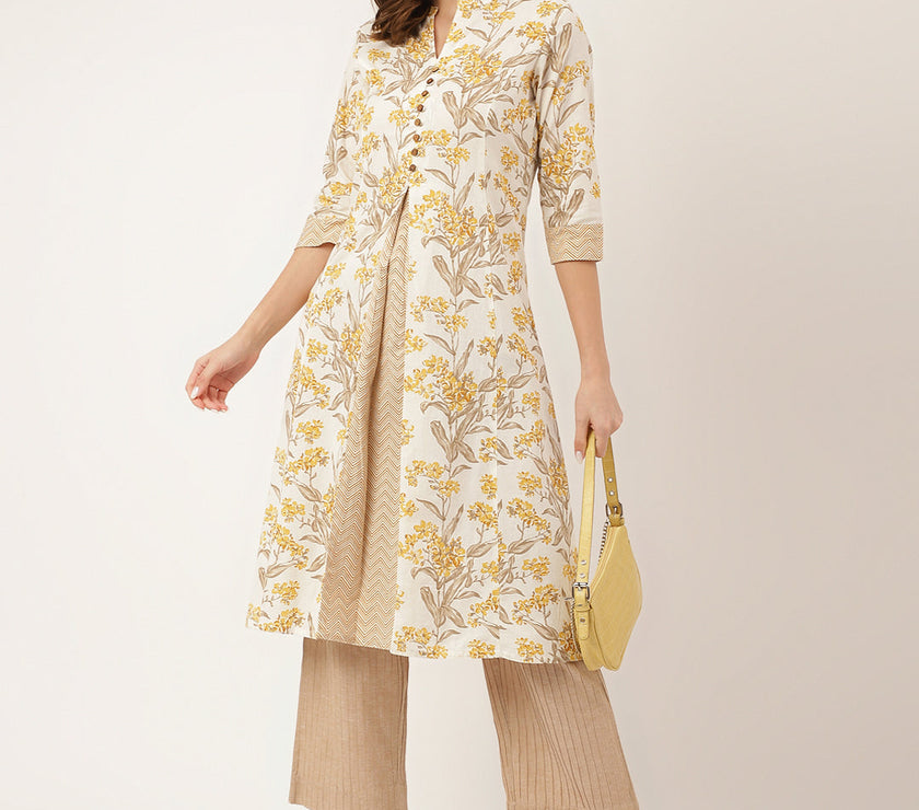 Divena Yellow Floral Print Cotton A-Line kurta