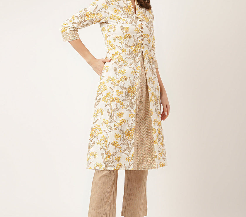 Divena Yellow Floral Print Cotton A-Line kurta