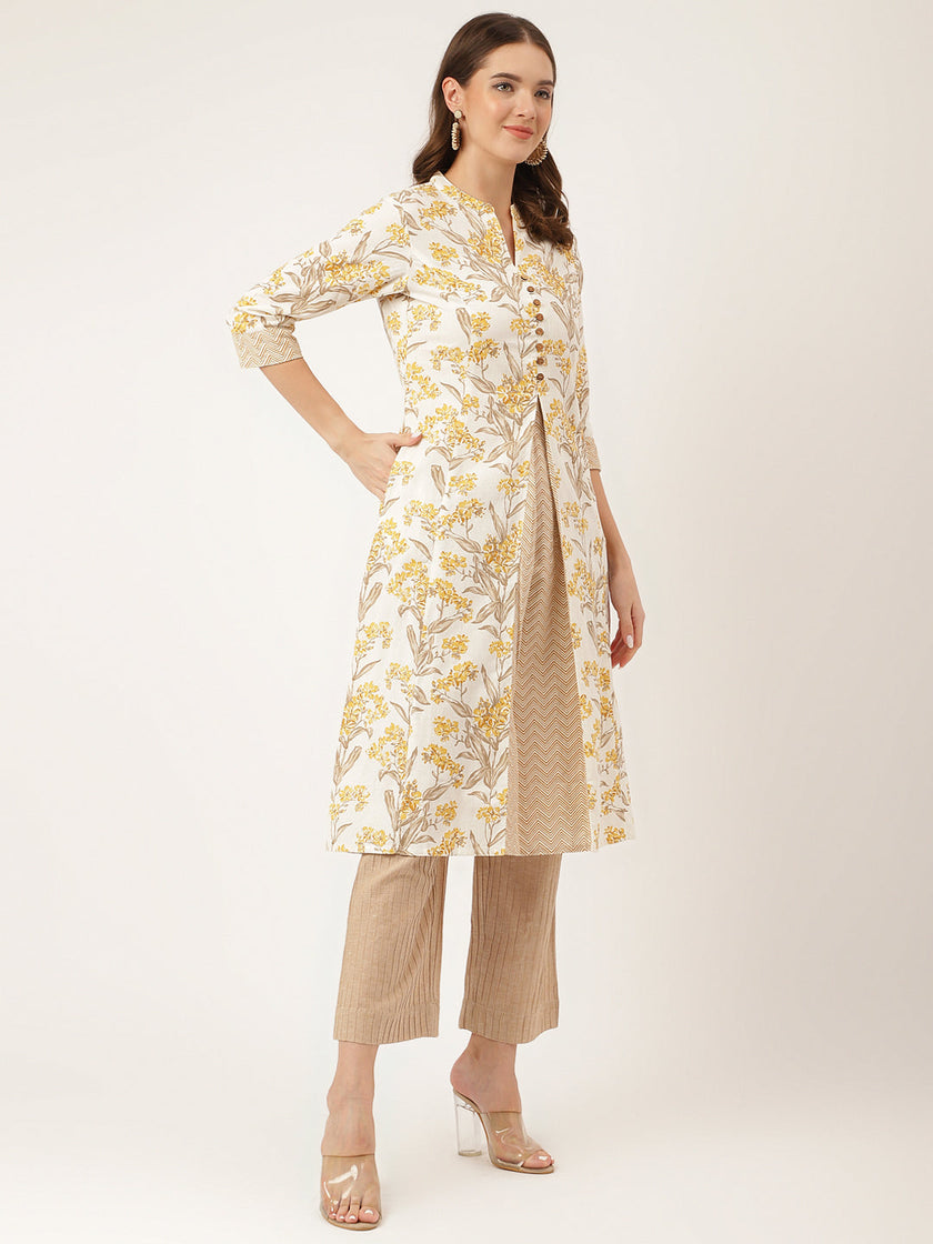 Divena Yellow Floral Print Cotton A-Line kurta