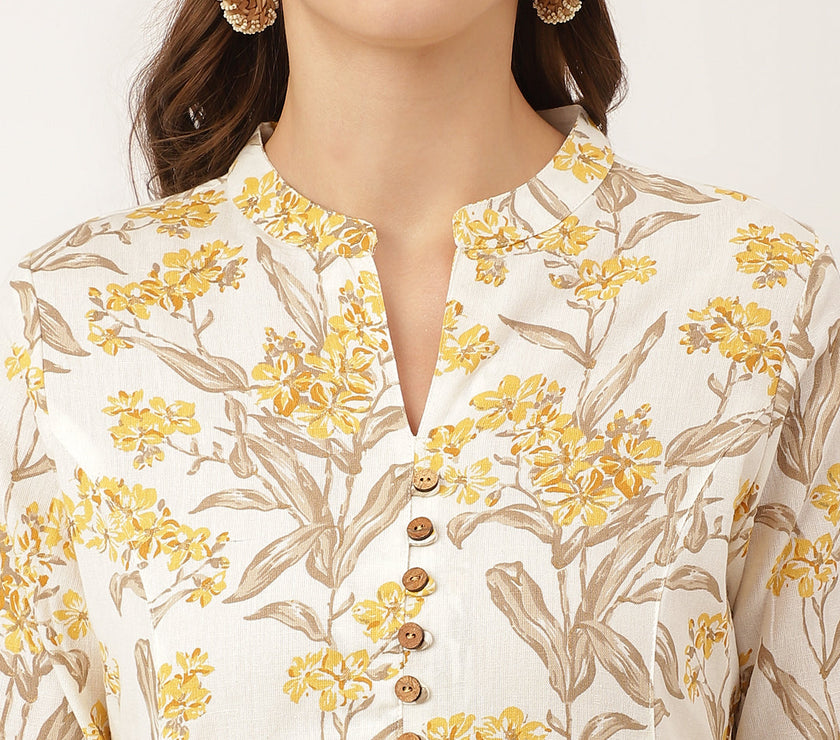 Divena Yellow Floral Print Cotton A-Line kurta