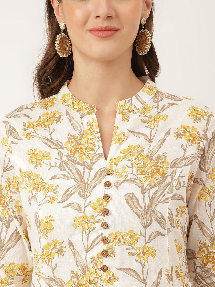 Divena Yellow Floral Print Cotton A-Line kurta