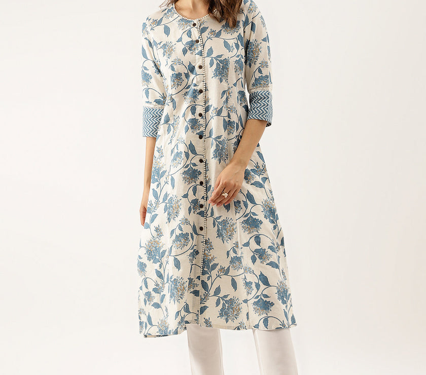 Divena Blue Floral Printed A-line Kurta