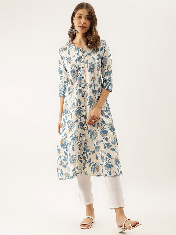 Divena Blue Floral Printed A-line Kurta