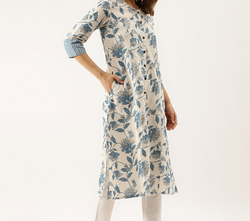 Divena Blue Floral Printed A-line Kurta