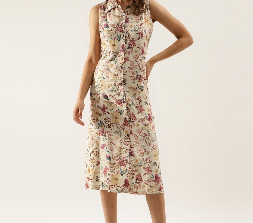 Cream Floral Printed Rayon Midi Dress with attached Sleeves