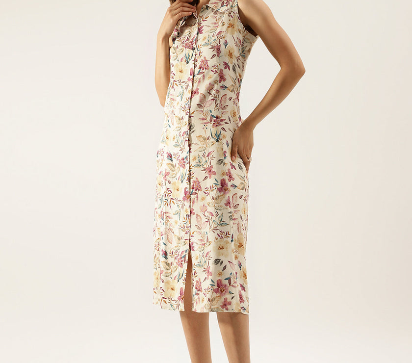 Cream Floral Printed Rayon Midi Dress with attached Sleeves