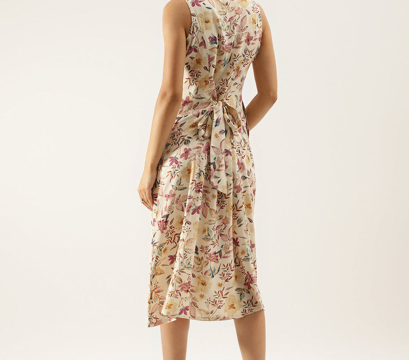 Cream Floral Printed Rayon Midi Dress with attached Sleeves