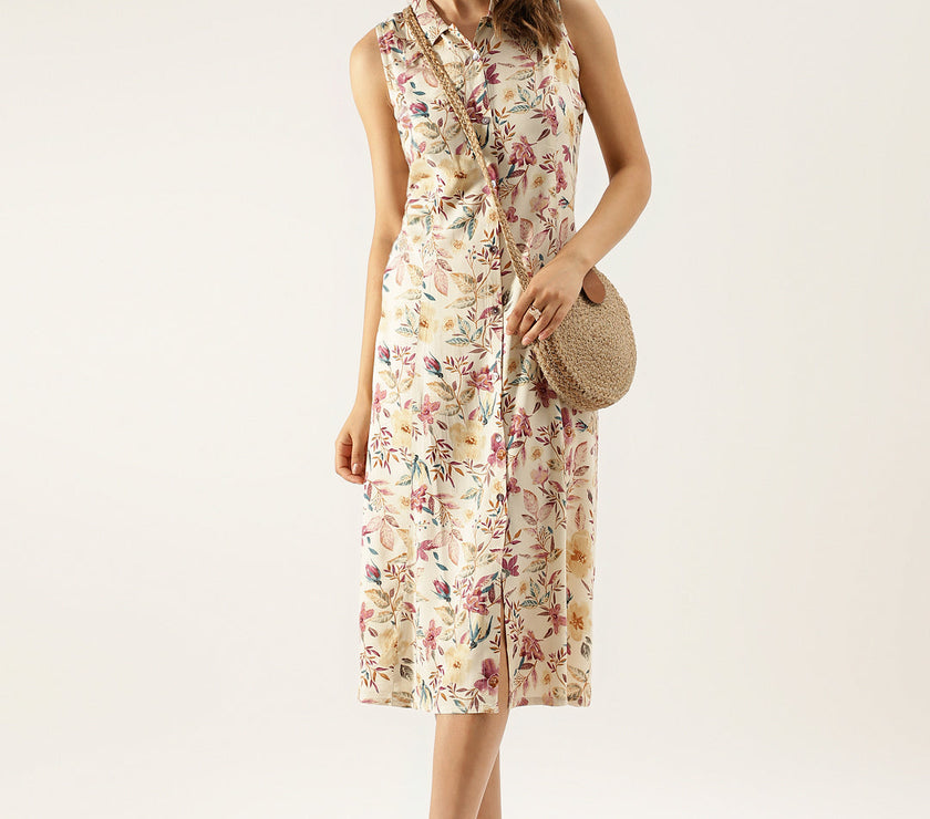 Cream Floral Printed Rayon Midi Dress with attached Sleeves