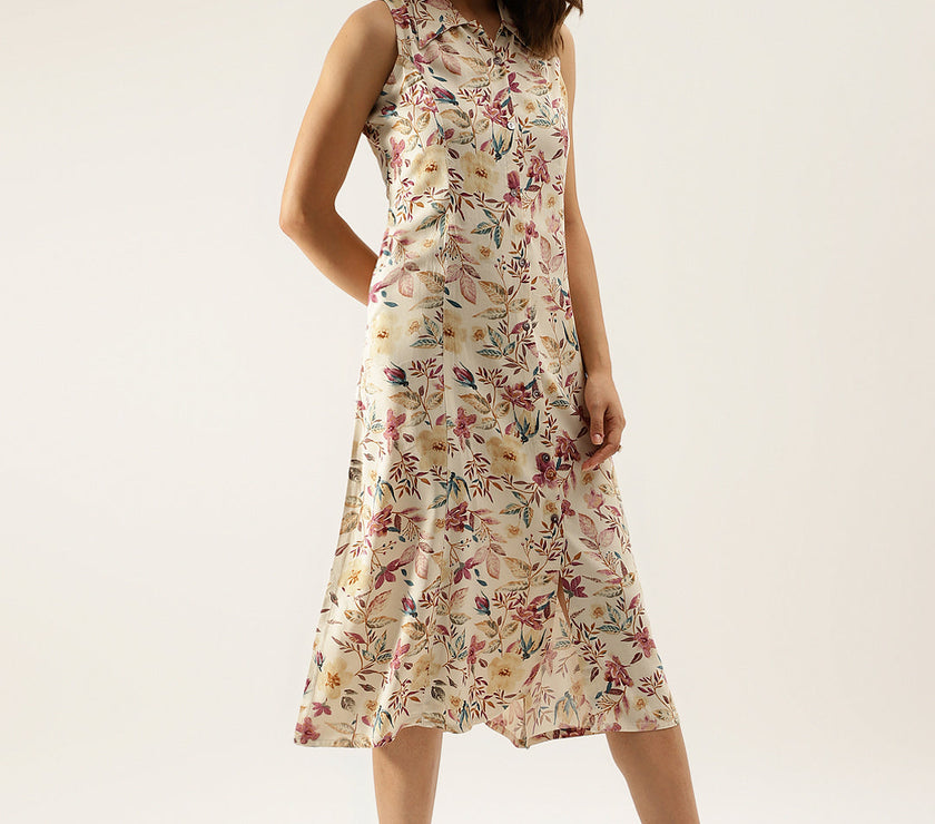 Cream Floral Printed Rayon Midi Dress with attached Sleeves