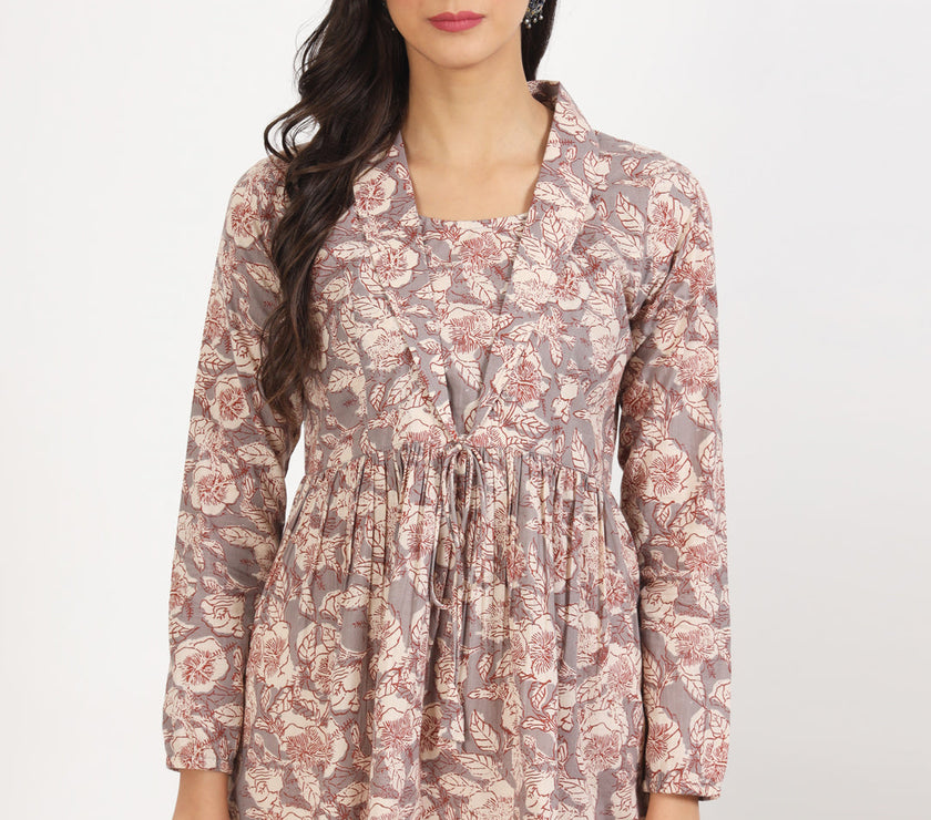 Divena Grey Floral Printed Cotton Top