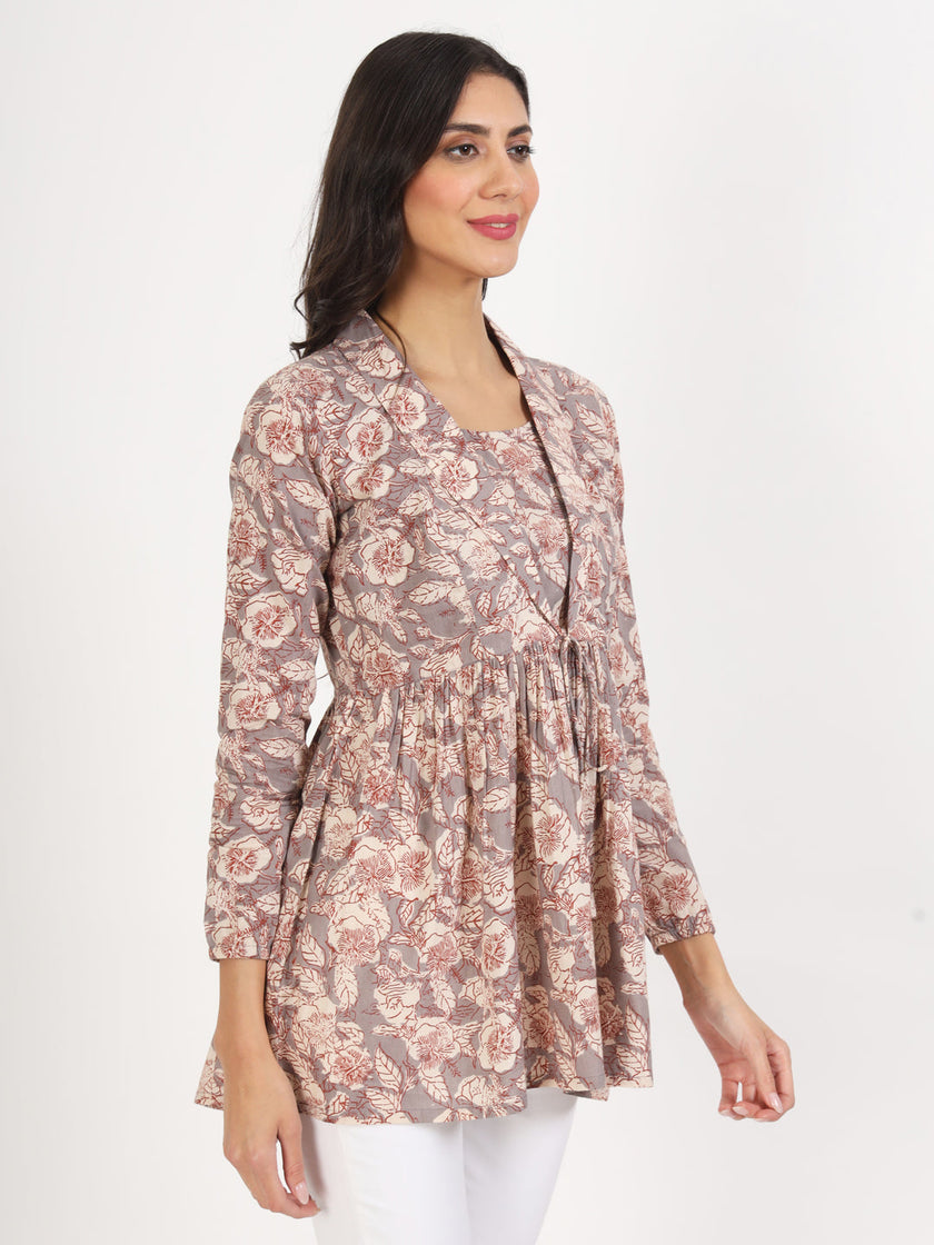 Divena Grey Floral Printed Cotton Top