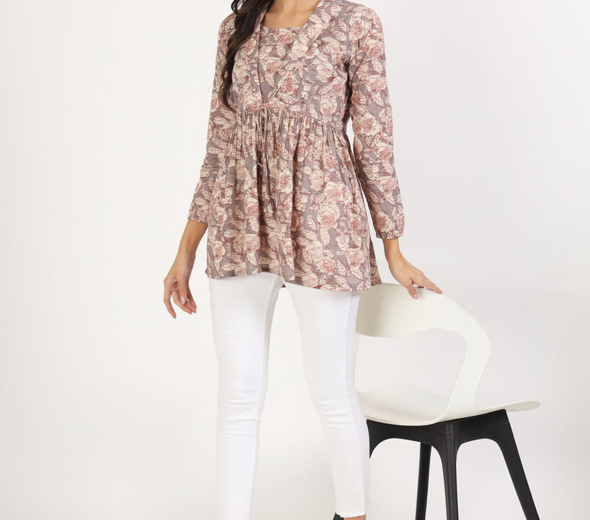 Divena Grey Floral Printed Cotton Top