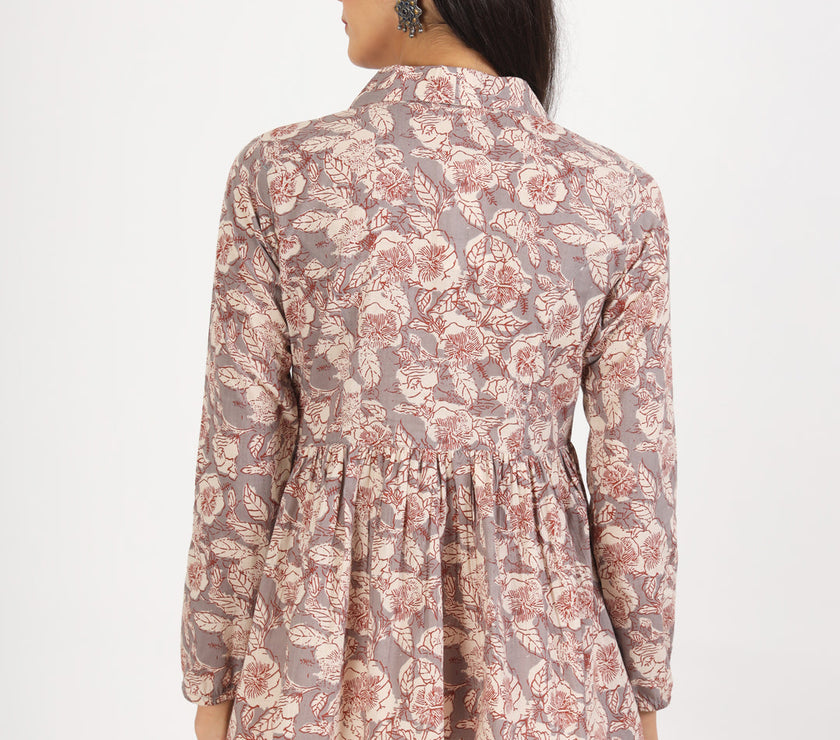 Divena Grey Floral Printed Cotton Top