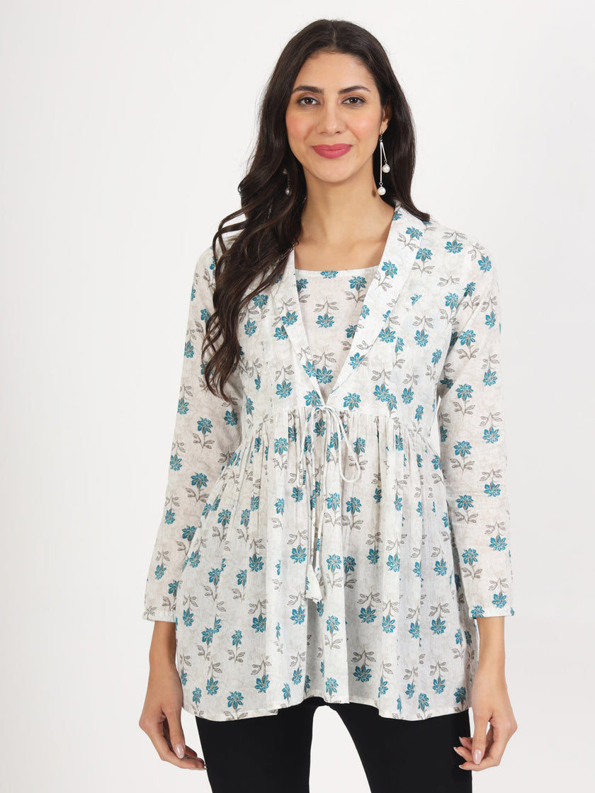 Divena White Floral Printed Cotton Top