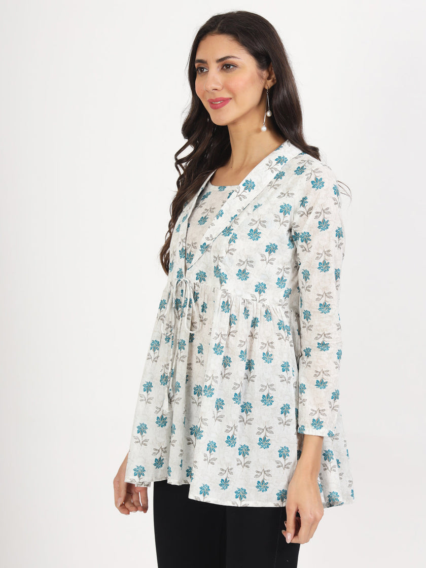 Divena White Floral Printed Cotton Top