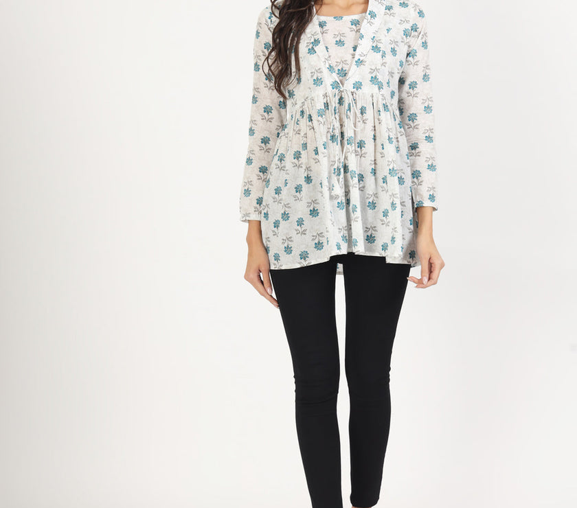 Divena White Floral Printed Cotton Top