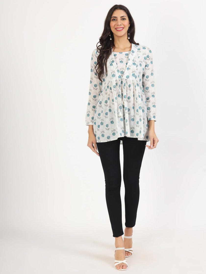 Divena White Floral Printed Cotton Top