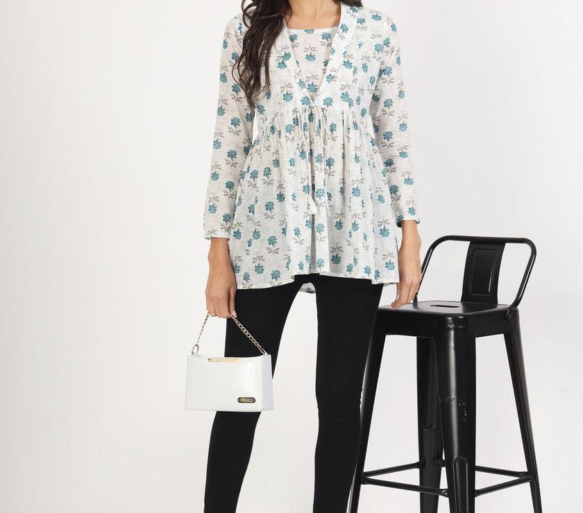 Divena White Floral Printed Cotton Top