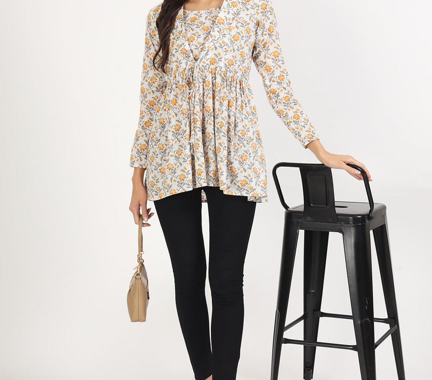 Divena Offwhite Floral Printed Cotton Top