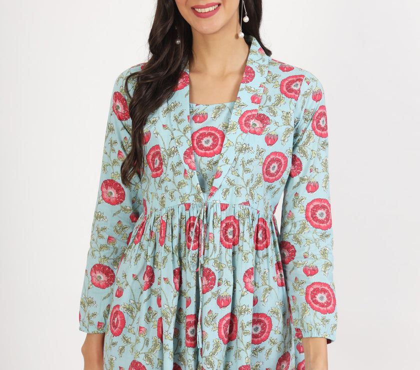 Divena Sky Blue Floral Printed Cotton Top